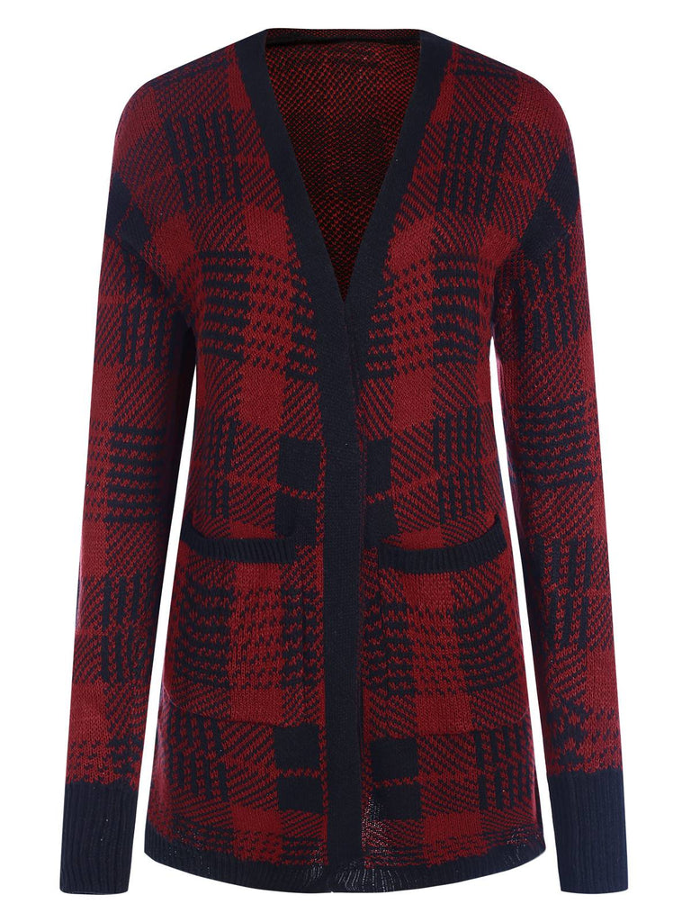 Red 1950s Pockets Plaid Knitted Cardigan