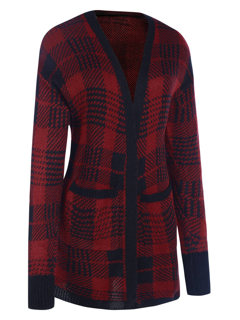 Red 1950s Pockets Plaid Knitted Cardigan