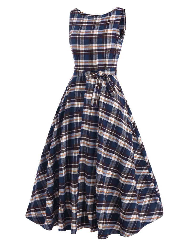 1950s Sleeveless Plaid Belted Swing Dress