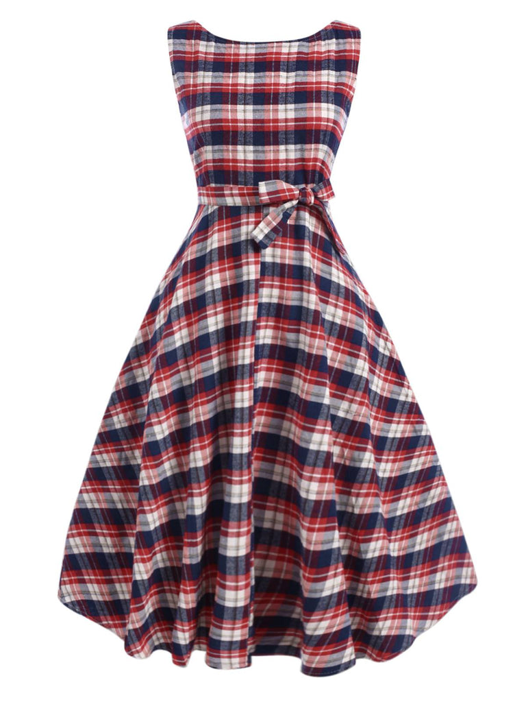 1950s Sleeveless Plaid Belted Swing Dress