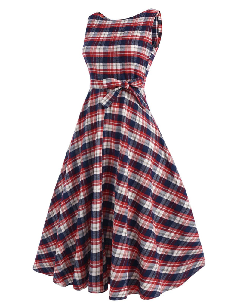 1950s Sleeveless Plaid Belted Swing Dress