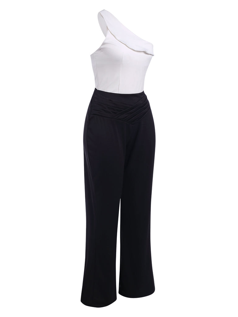 2PCS Black & White 1950s One-Shoulder Top & Pants