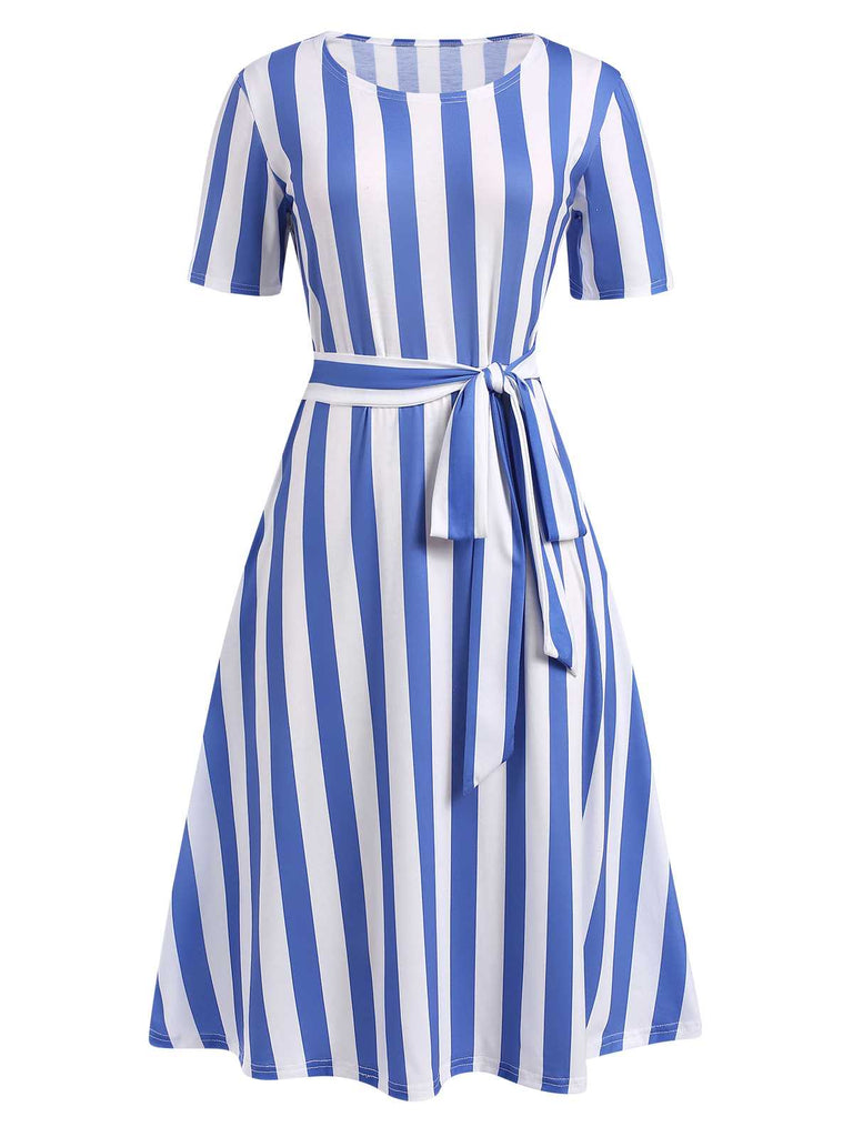 Light Blue 1940s Nautical Striped Belted Dress