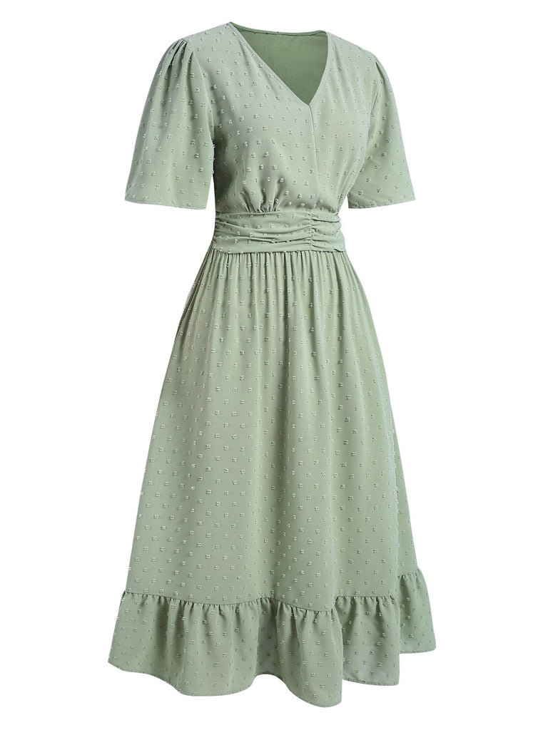 Green 1940s Swiss Dots Ruffle Hem Dress