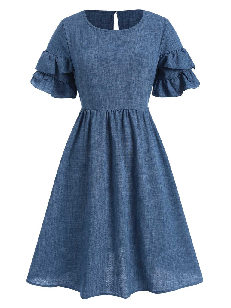 Blue 1940s Layered Ruffle Sleeve A-Line Dress