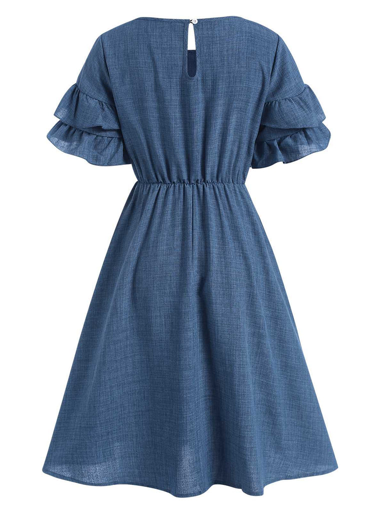 Blue 1940s Layered Ruffle Sleeve A-Line Dress