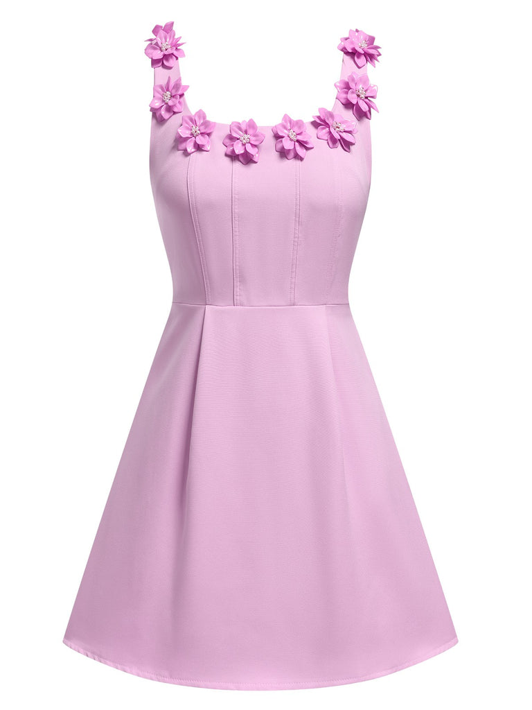 1950s Solid Scoop Neck 3D Floral Dress