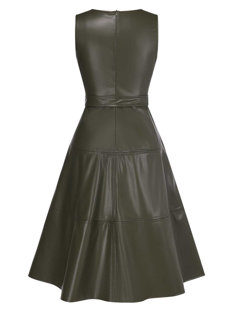 Green 1950s Leather Sleeveless Belted Dress