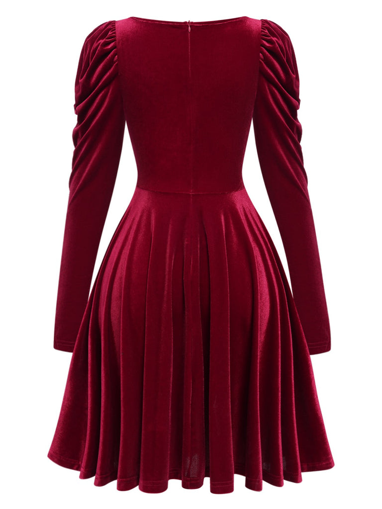 Wine Red 1940s Solid Velvet Puff Dress