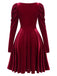 Wine Red 1940s Solid Velvet Puff Dress