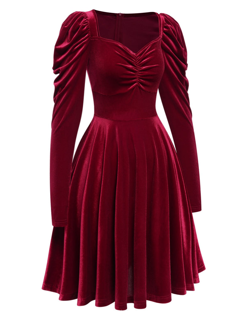 Wine Red 1940s Solid Velvet Puff Dress