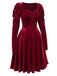 Wine Red 1940s Solid Velvet Puff Dress