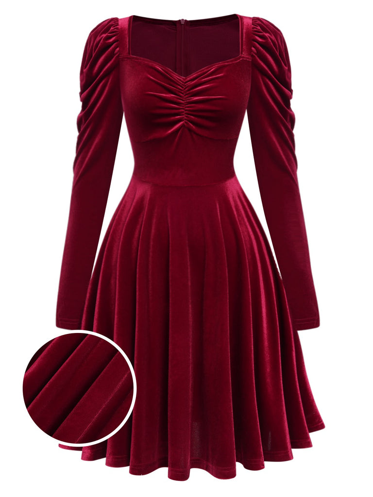 Wine Red 1940s Solid Velvet Puff Dress