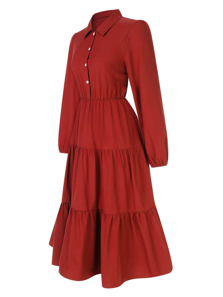 1950s Shirt Neck Tiered Solid Midi Dress