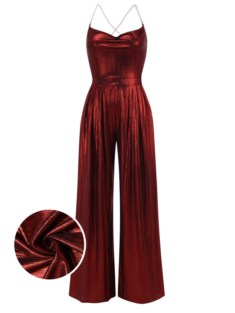 Wine Red 1930s Solid Metallic Strap Jumpsuit