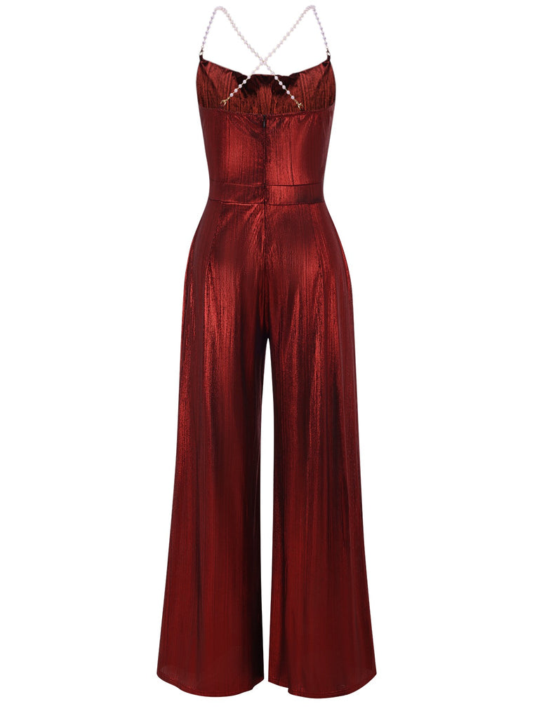 Wine Red 1930s Solid Metallic Strap Jumpsuit