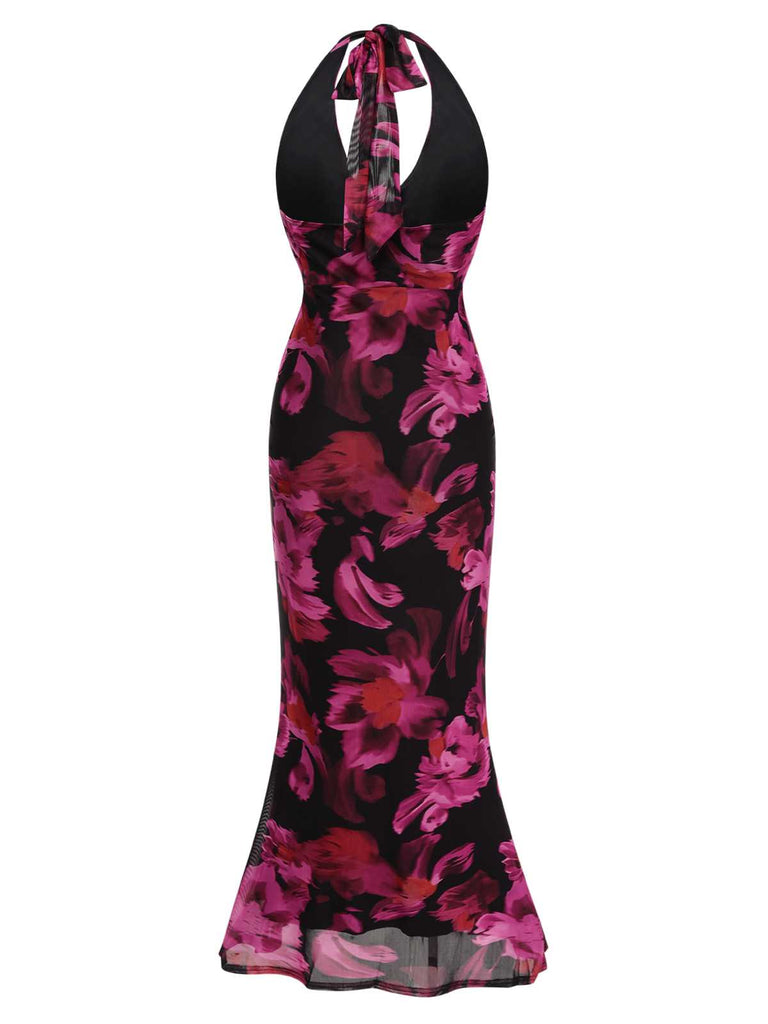 Rose Red 1930s Halter Floral Backless Dress