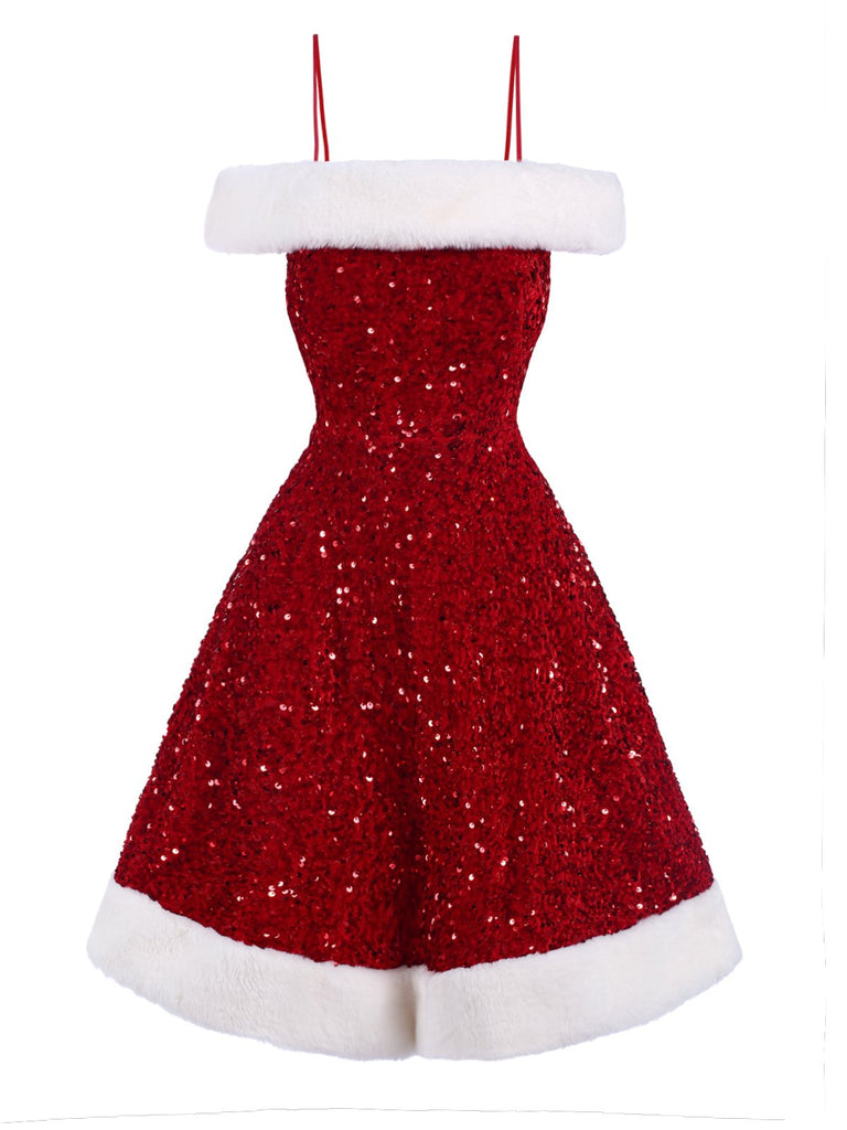 [Pre-Sale] Red 1950s Cold-Shoulder Furry Sequined Dress