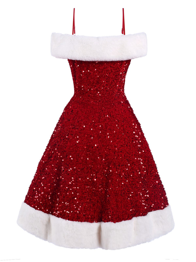 [Pre-Sale] Red 1950s Cold-Shoulder Furry Sequined Dress