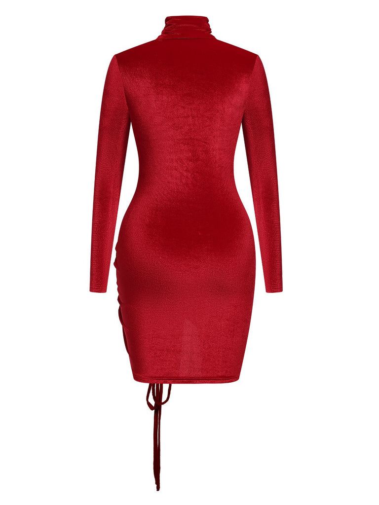 Red 1970s Solid Long Sleeves Dress