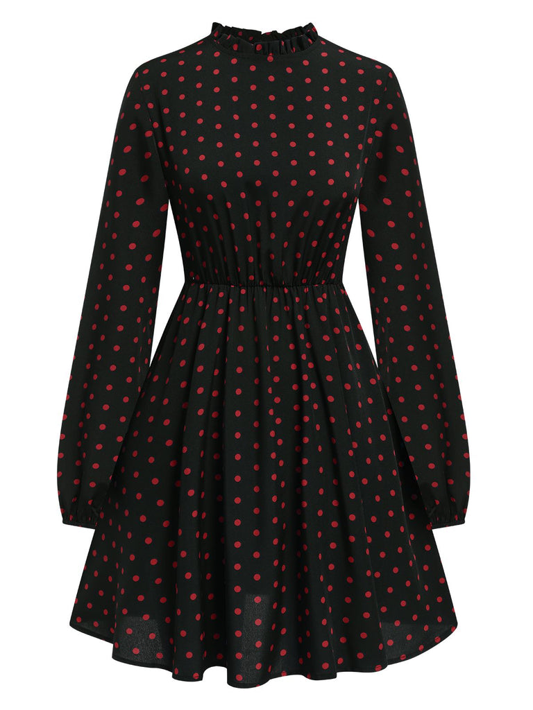 Black 1950s Polka Dot Long Sleeves Dress