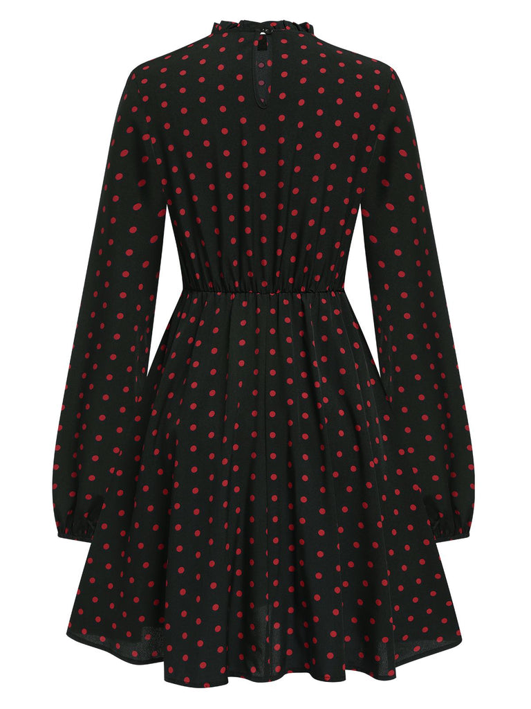 Black 1950s Polka Dot Long Sleeves Dress