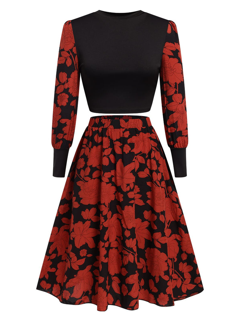 Black&Red 1950s Floral Long Sleeves Top&Skirt