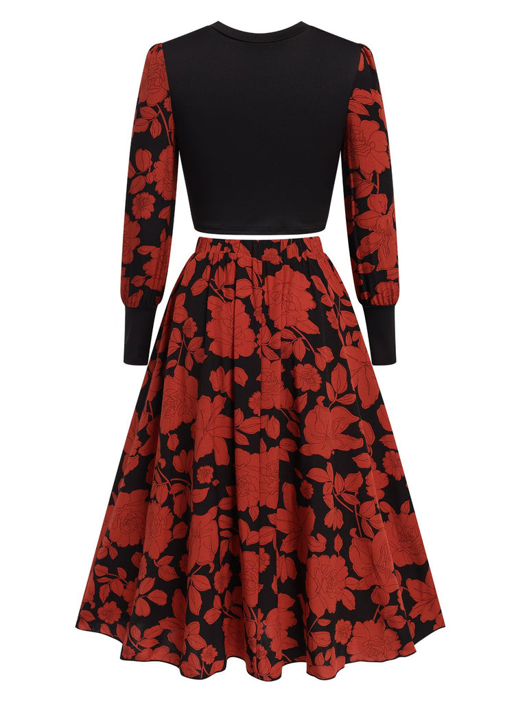 Black&Red 1950s Floral Long Sleeves Top&Skirt