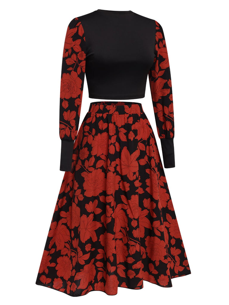 Black&Red 1950s Floral Long Sleeves Top&Skirt