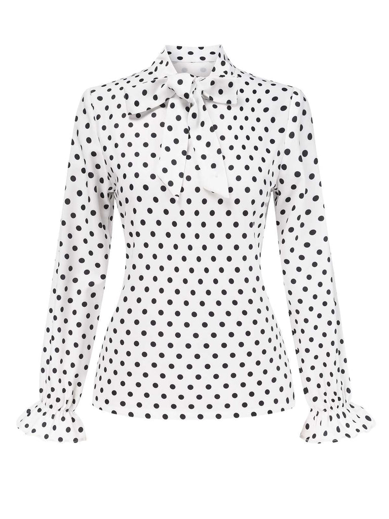 [Pre-Sale] White 1950s Tie Neck Polka Dots Blouse