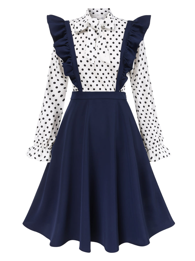 [Pre-Sale] 2PCS 1950s Tie Neck Polka Dots Blouse & Pinafore Skirt