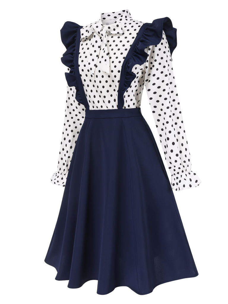 [Pre-Sale] 2PCS 1950s Tie Neck Polka Dots Blouse & Pinafore Skirt