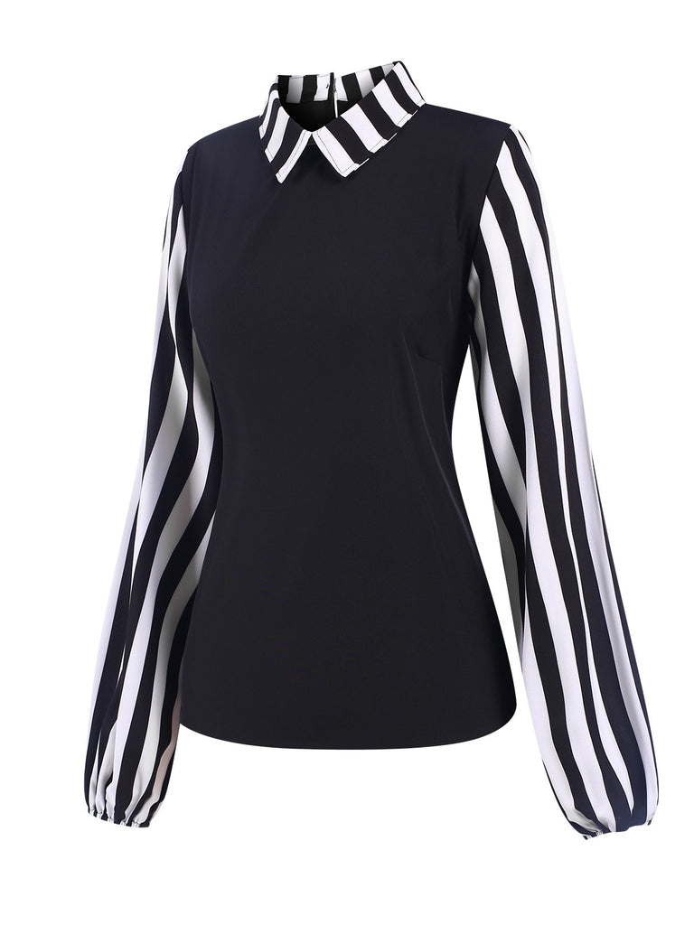 Black 1930s Striped Patchwork Lapel Blouse