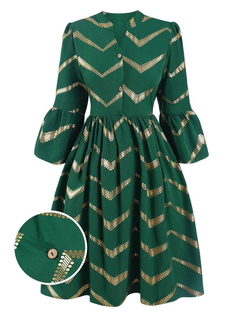 Green 1970s V-Neck Stripes Flare Sleeve Dress