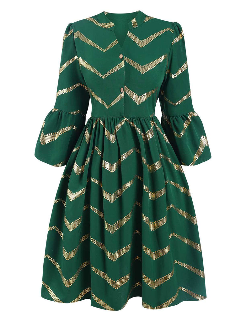 Green 1970s V-Neck Stripes Flare Sleeve Dress