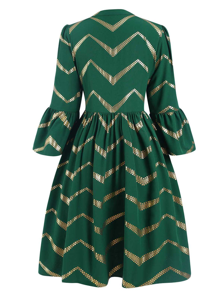 Green 1970s V-Neck Stripes Flare Sleeve Dress