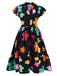 Black 1940s V-Neck Colorful Floral Dress