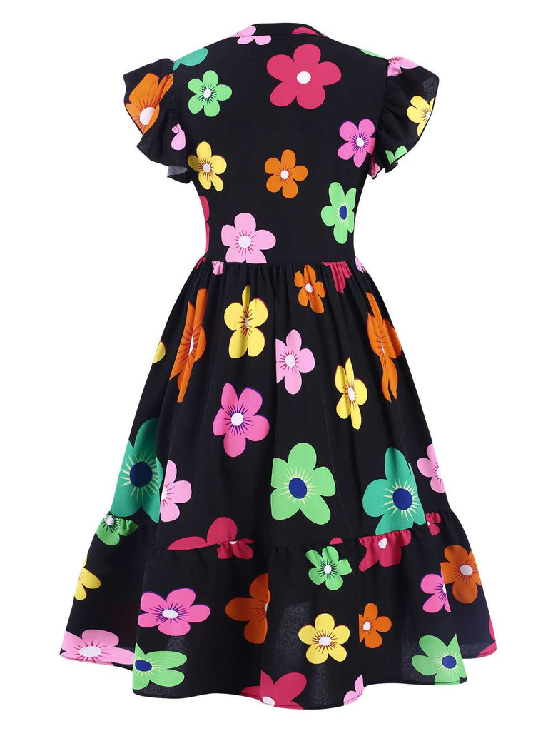 Black 1940s V-Neck Colorful Floral Dress