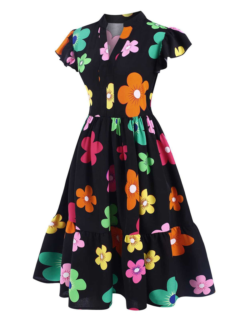 Black 1940s V-Neck Colorful Floral Dress