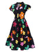 Black 1940s V-Neck Colorful Floral Dress