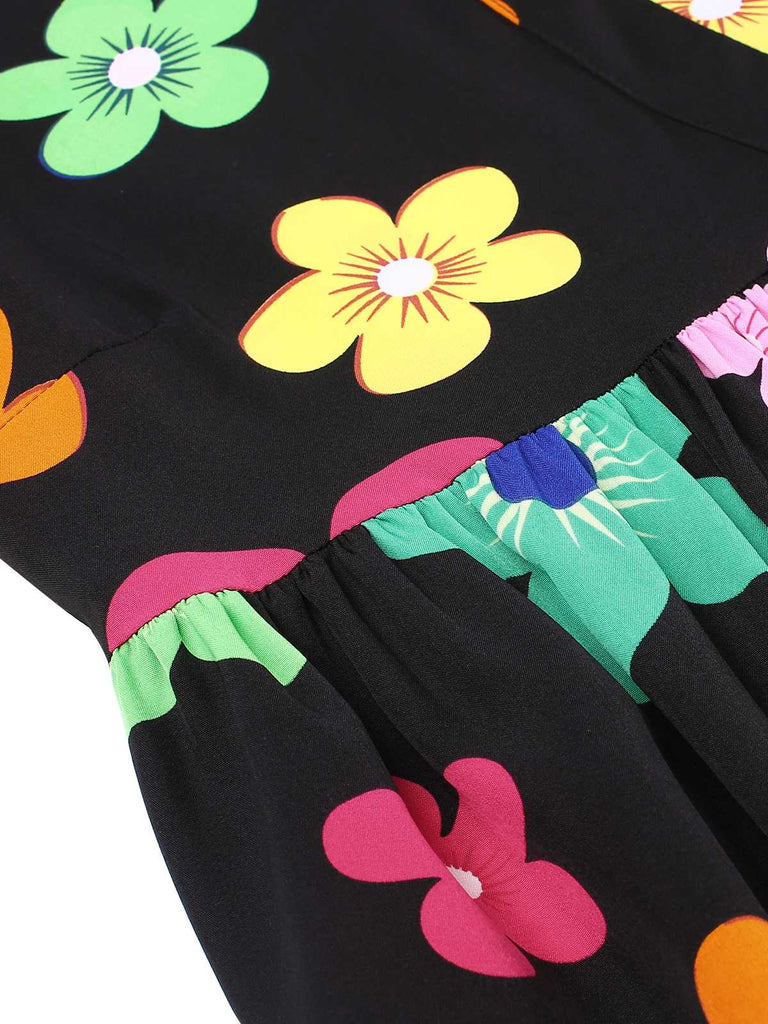 Black 1940s V-Neck Colorful Floral Dress