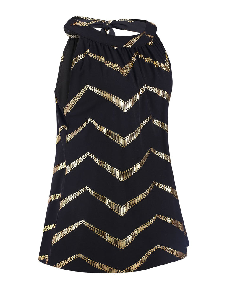 Black 1960s Gold Curves Crew Halter Top