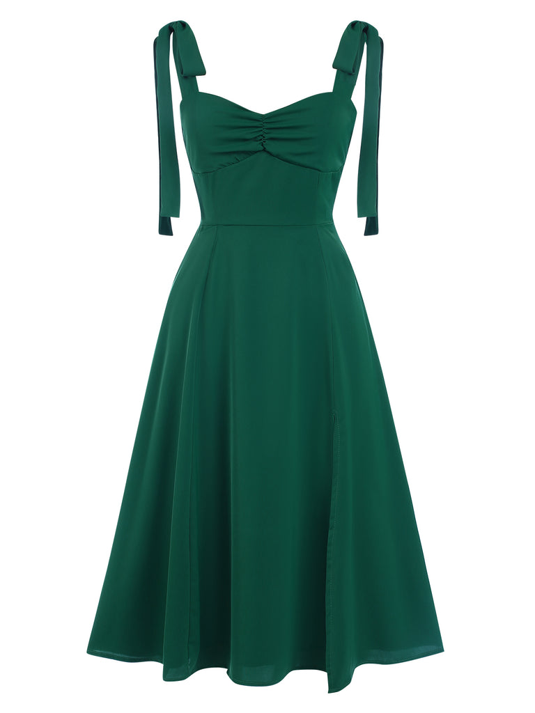 Green 1940s Sweetheart Neck Lace-Up Slit Dress