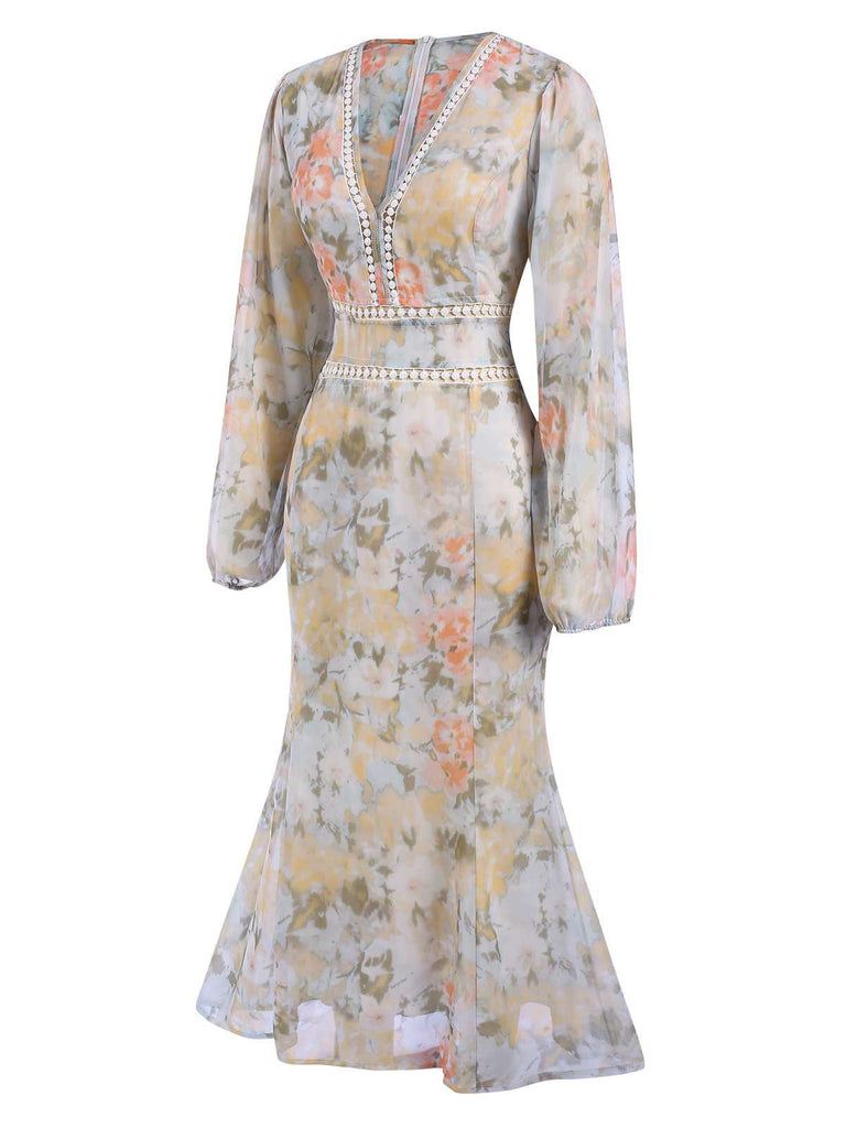 Cream Color 1940s V-Neck Floral Dress