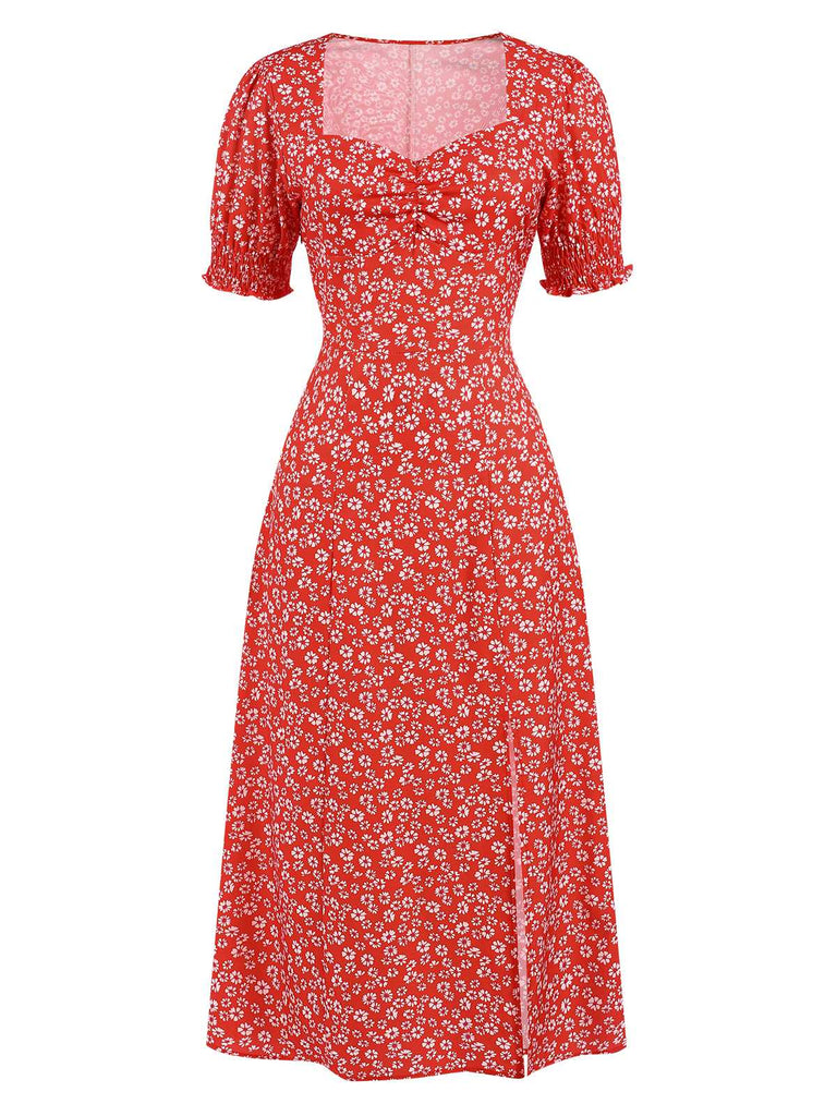 Red 1940s Sweetheart Neck Ditsy Floral Slit Dress