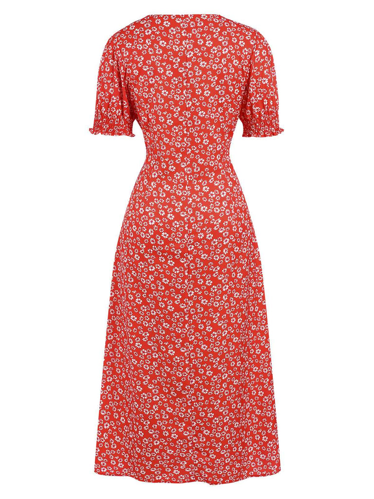 Red 1940s Sweetheart Neck Ditsy Floral Slit Dress