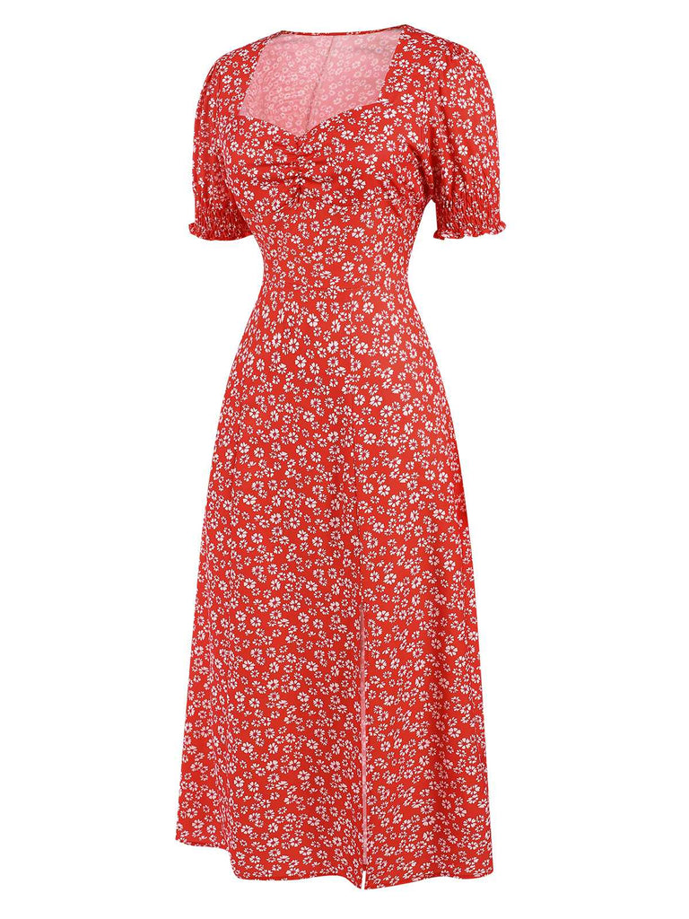 Red 1940s Sweetheart Neck Ditsy Floral Slit Dress