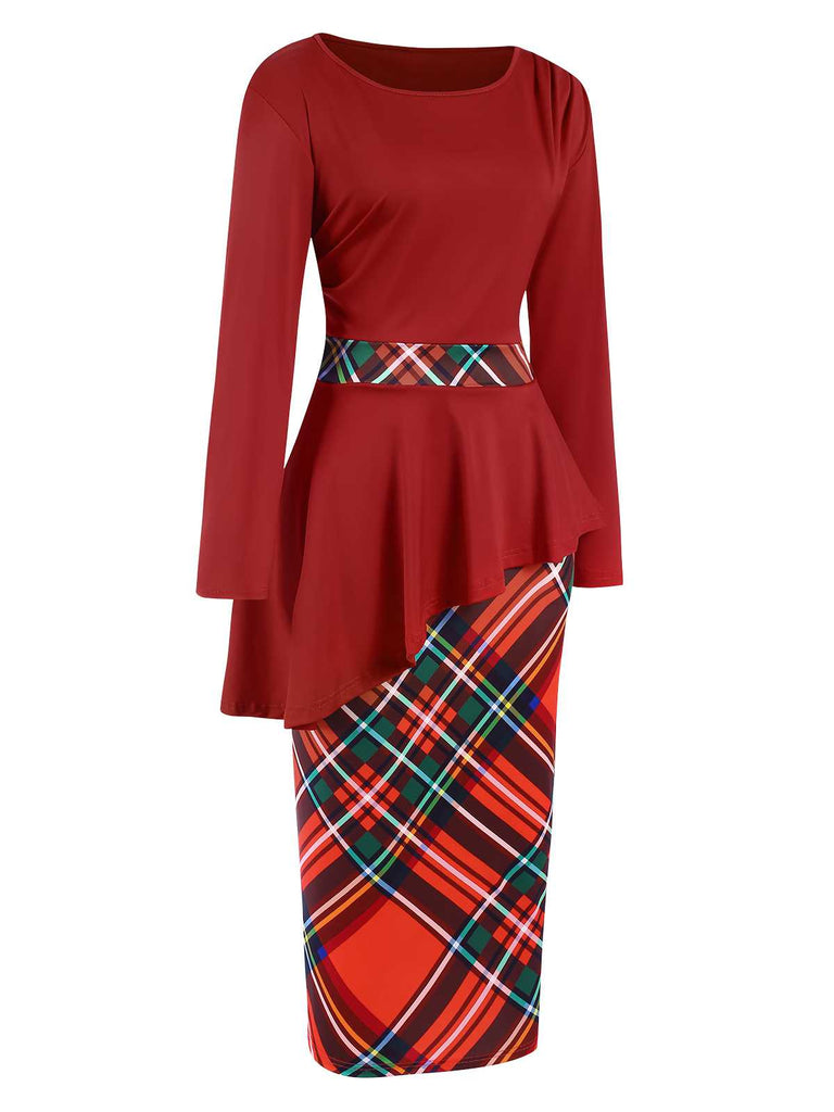 Red 1960s Christmas Plaids Patchwork Dress