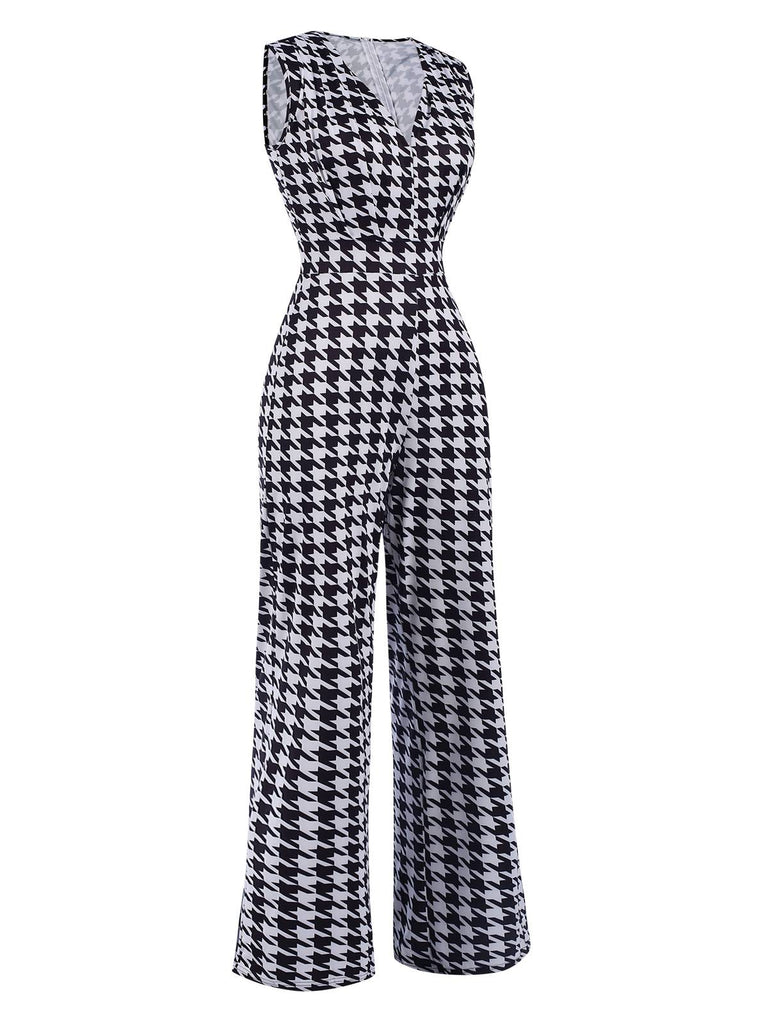 Black 1930s Houndstooth V-Neck Sleeveless Jumpsuit