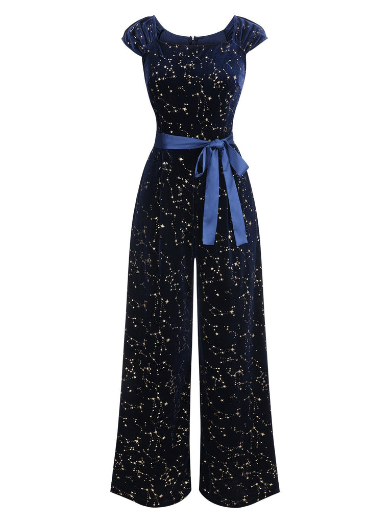 [Pre-Sale] Blue 1930s Stars Constellation Belted Velvet Jumpsuit